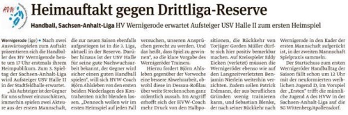 Volksstimme Vorbericht zum 1. Wernigeröder Handballtag der Saison